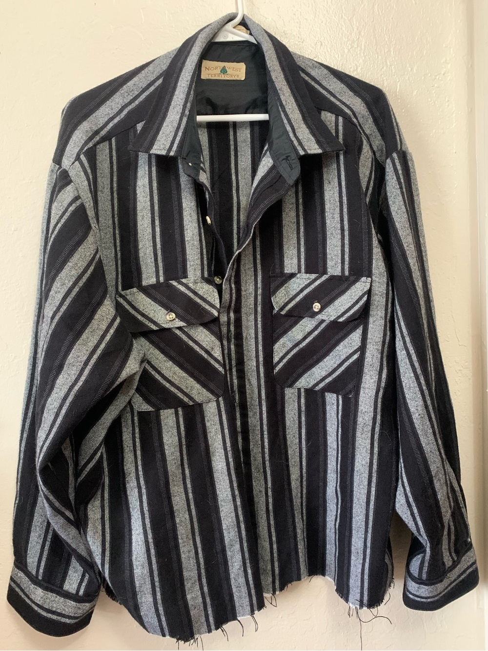 Northwest Territory- Grunge Button Up Gray and Black Knitted Shirt With Raw Hem